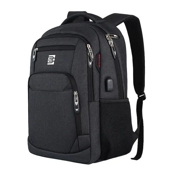 Rucsac laptop din Oxford, capacitate mare, peste 20 buzunare, port USB extern si jack audio, curea pentru troler, spate respirabil, IZO-CJ-K0502-2026-0721-2768, negru, 18 inch