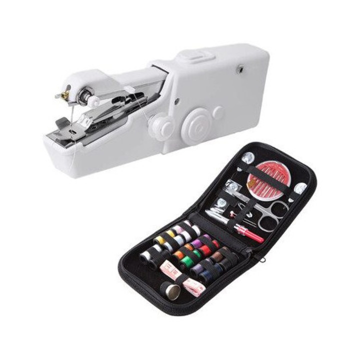 Masina de cusut electrica portabila K0345-0722-TDCJ-xw3952, alimentare baterii/USB, set cu trusa accesorii deluxe, alb