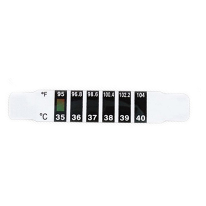 9 db homlokhőmérő matrica készlet K0323-0722-CJ12131, LCD fólia színváltással, 35–40 °C tartomány, ±1 °C pontosság, 16 x 90 mm, fehér