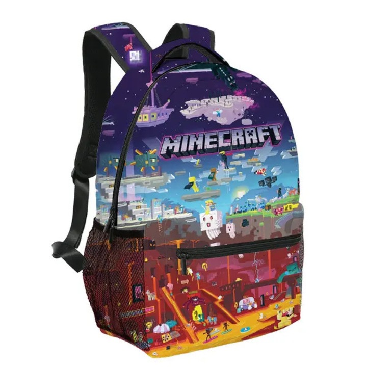 Rucsac din Oxford, cu imprimeu Minecraft si compartiment pentru laptop 16", buzunare laterale din plasa, multicolor