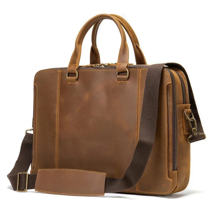Geanta messenger din piele naturala, compartiment pentru laptop 15.6 inch, stil vintage, maro, model emag01-WT7117