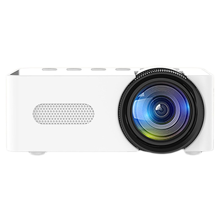 Мини домашно кино проектор K0323-0724-CJ7221, нативна резолюция 320x180, LED, съотношение 16:9, контраст 3000:1, вградени HiFi високоговорители, USB/Type-C/IR/3.5mm, бял, проекция 14–100 инча