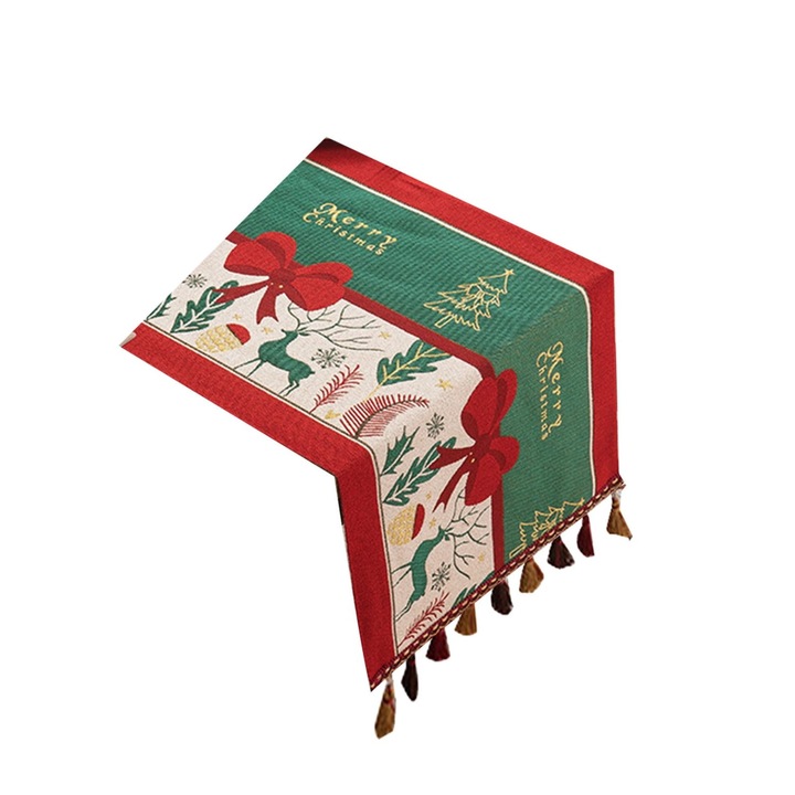 K0403-emagCJ-12671 asztali futó, jacquard szövésű karácsonyi mintákkal és rojtokkal, többszínű, 35 x 180 cm