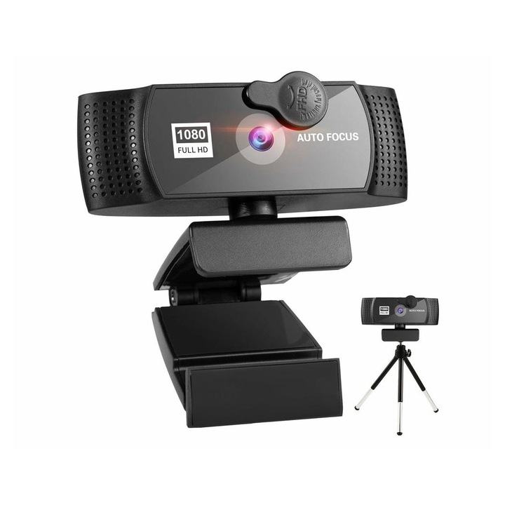 Уебкамера k0367-0714-emag-HS71403, Full HD 1080p, автофокус, микрофон с двойно шумопотискане, капак за поверителност, широк ъгъл 95°, USB plug-and-play, стойка за статив, черна