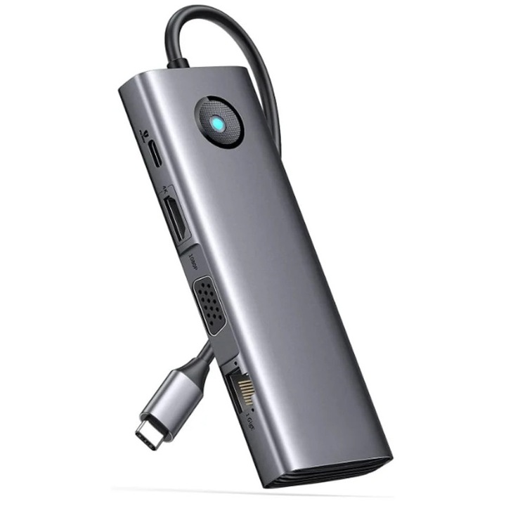 Statie de andocare USB-C emag01-WT13443, 10-in-1, HDMI 4K@30Hz + VGA 1080p@60Hz, 3x USB 3.0 5Gbps, PD 100W, Ethernet Gigabit, SD/TF, jack 3.5mm, gri