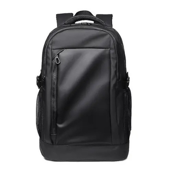 Rucsac din Oxford pentru barbati, rezistent la apa si zgarieturilor, compartiment laptop, buretat, cu maner superior si buzunare laterale, negru, 32x47x18 cm