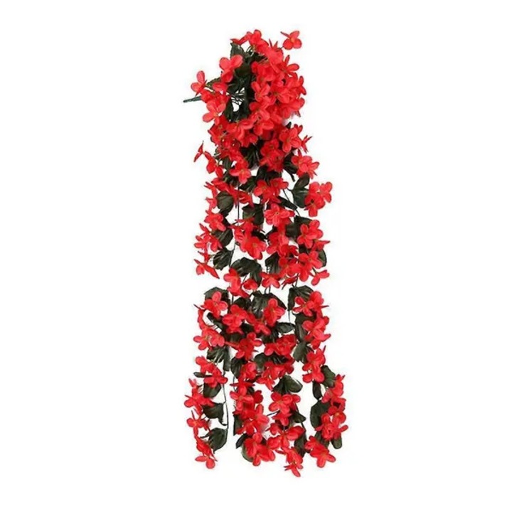 Műselyem virágfüzér PRE-CJk0515-26-0703-4619, piros zöld levelekkel, 75 cm, akasztható, 1 db.
