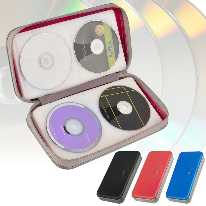 CD/DVD tok K0403-emagCJ-55628, merev műanyagból, cipzárral és fogantyúval, dupla védelem 80 lemezhez, Többszínű, 285 x 155 x 50 mm