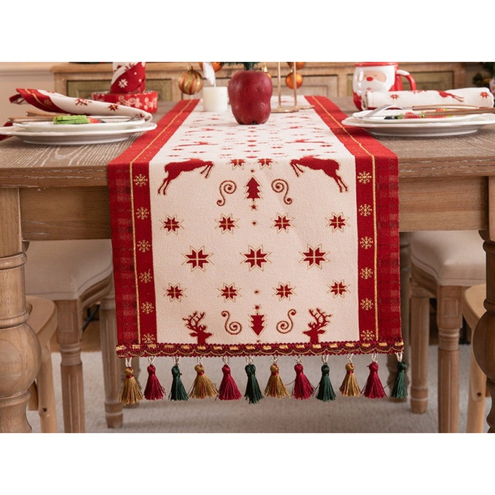Jacquard asztali futó K0323-0724-CJ1518 karácsonyi mintával és rojtokkal, poliészter, piros/krémszínű, 35 x 180 cm