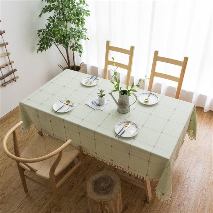 K0403-emagCJ-46102 asztalterítő, pamut és len, kockás mintás, rojtokkal, világoszöld