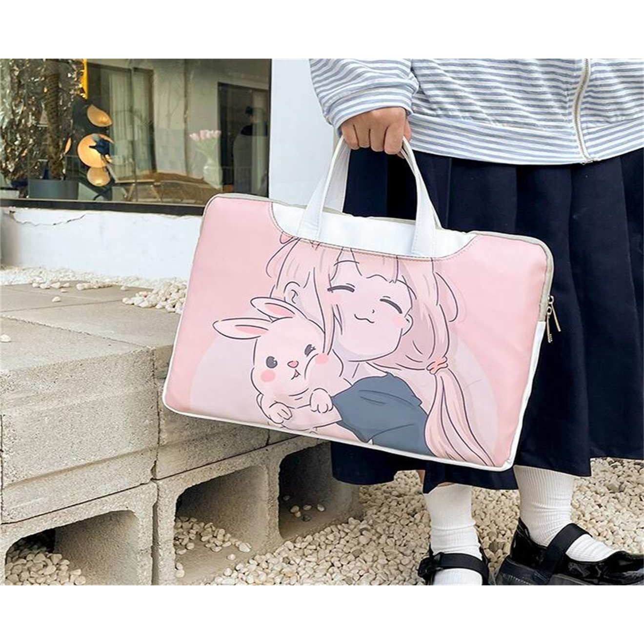 Geanta pentru laptop din poliester captusita cu perla, imprimeu cartoon, roz, 15 inch