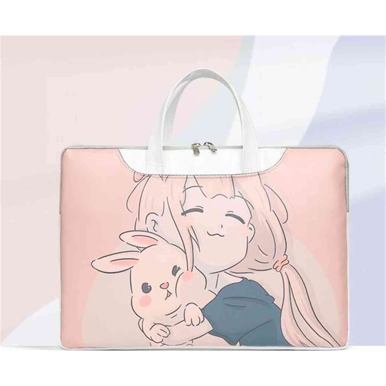 Geanta pentru laptop din poliester captusita cu perla, imprimeu cartoon, roz, 15 inch