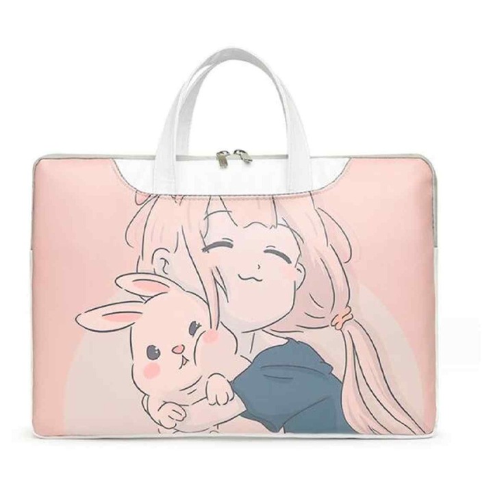 Geanta pentru laptop din poliester captusita cu perla, imprimeu cartoon, roz, 15 inch