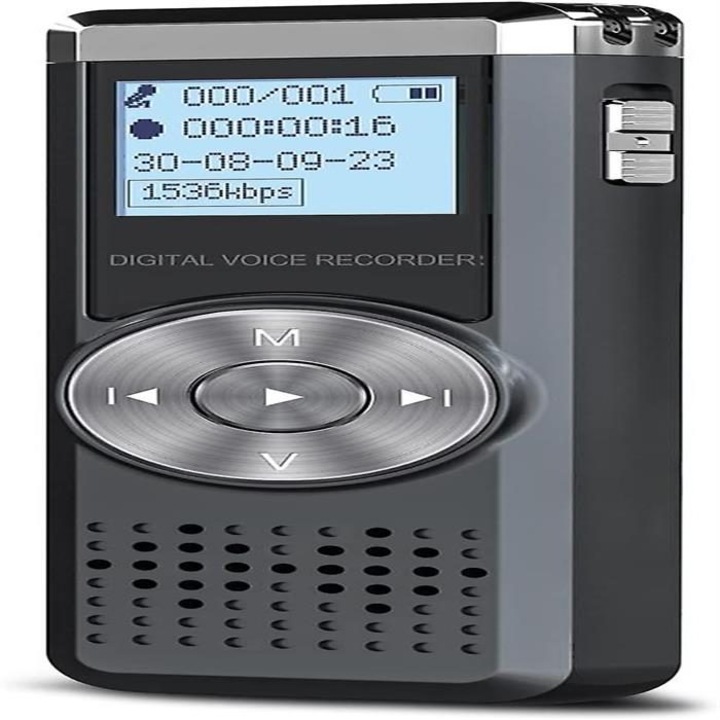 Дигитален гласов рекордер K0403-emagCJ-57561, 16GB, запис WAV 1536 kbps / MP3, AVR (активиран с глас запис), вграден високоговорител, батерия 400mAh 30ч, micro-USB, черен/сив