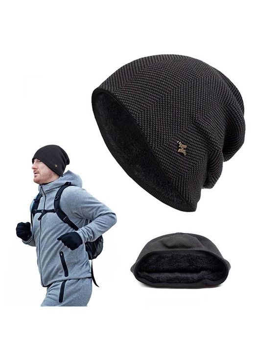Caciula beanie din lana, captuseala din fleece termoizolanta, model slouch, negru, marime universala