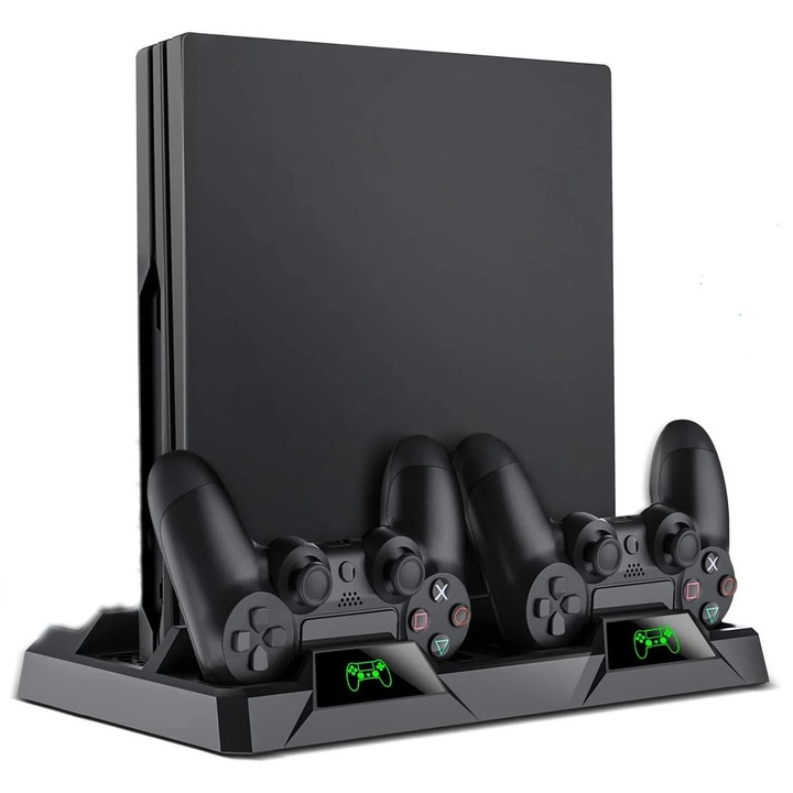 YANYXR BCS3230655 függőleges töltő- és hűtőállomás, PS4-hez, RGB LED, 2 kontroller töltő, fejhallgató tartó, fekete