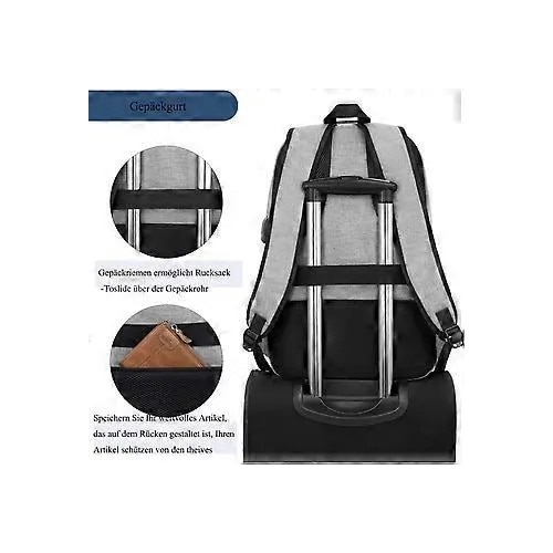 Rucsac laptop din poliester, antifurt, pentru laptop 17.3 inch, cu port USB extern, gri, 49 x 29 x 14 cm
