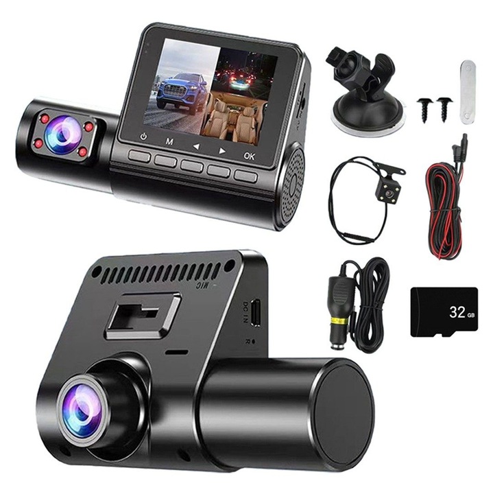 Camera auto 3 canale K0323-0724-CJ14397, Full HD 1080p fata/spate/intern, unghi fata 170°/spate 150°/cabina 120°, night vision, card 32GB inclus, negru