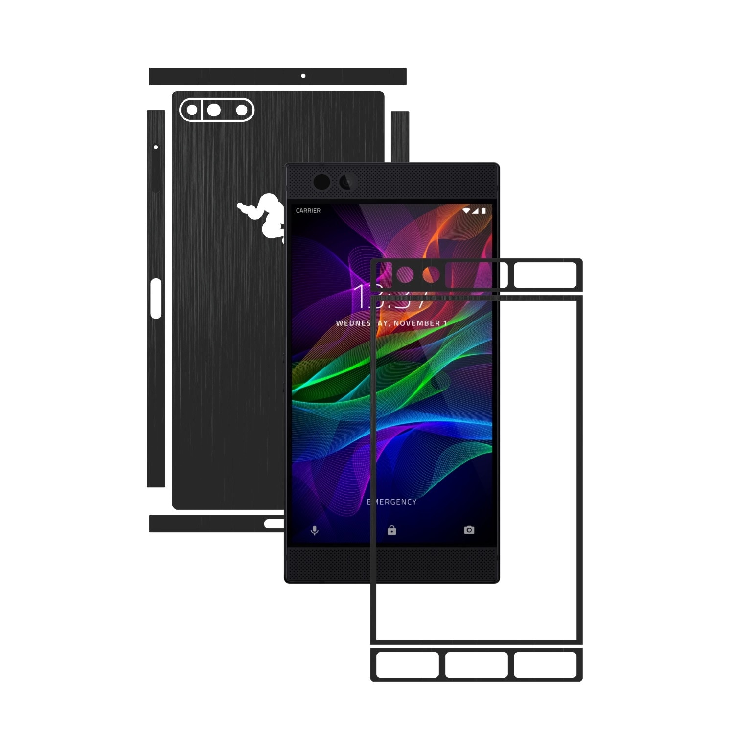 1 + 1 GRATUIT - Razer Phone - Brushed Negru - Folie de protectie Carbon Skinz, Husa Full Body Cover de tip Skin Adeziv pentru Rama Ecran,Carcasa Spate si Laterale