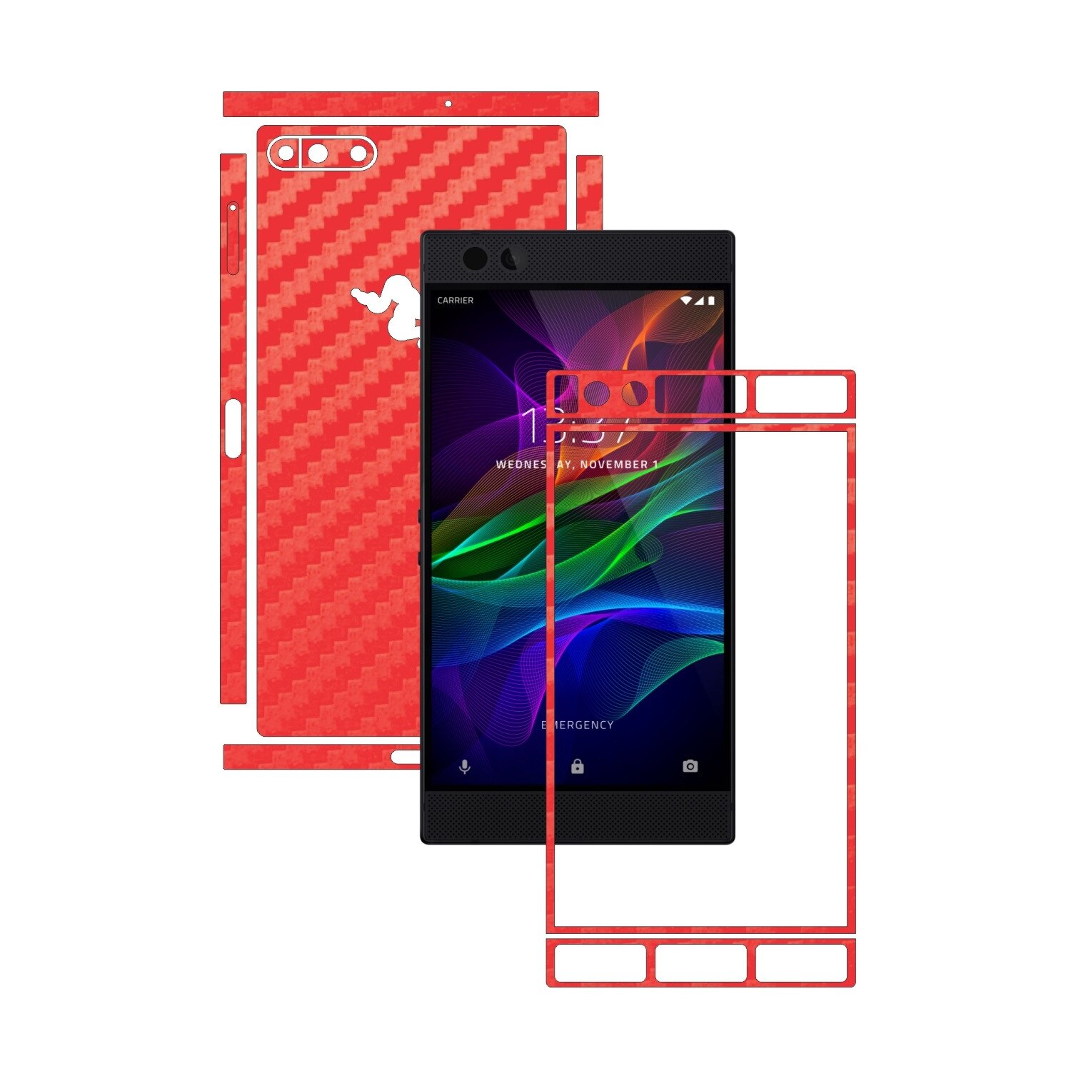 Folie de protectie Carbon Skinz, Husa de tip Skin Adeziv pentru Carcasa, Carbon Rosu dedicata Razer Phone