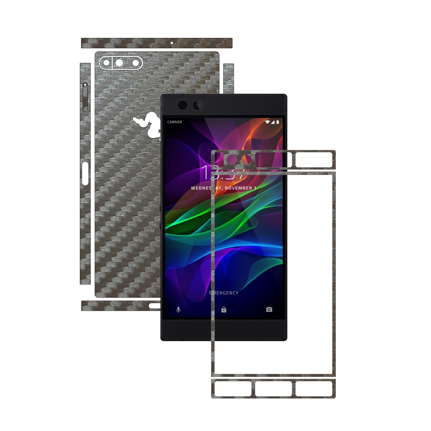 Folie de protectie Carbon Skinz, Husa de tip Skin Adeziv pentru Carcasa, Carbon Gri Argintiu dedicata Razer Phone