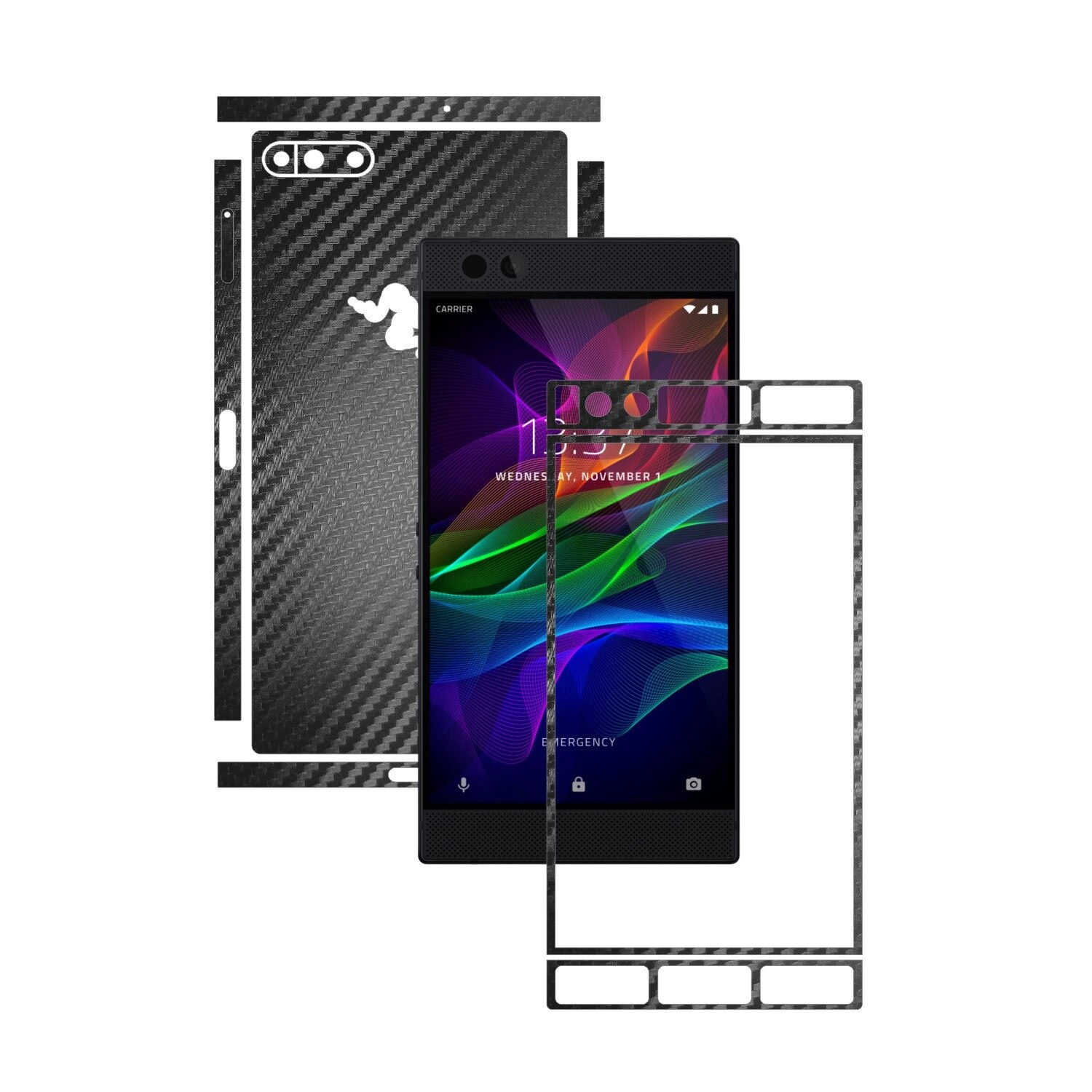 1 + 1 GRATUIT - Razer Phone - Carbon Negru - Folie de protectie Carbon Skinz, Husa Full Body Cover de tip Skin Adeziv pentru Rama Ecran,Carcasa Spate si Laterale