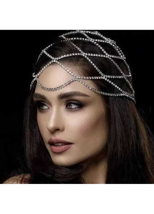 Diadema in stil anilor 1920 din metal cu rhinestones si ciucuri, argintiu