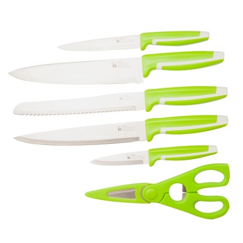 Set 5 cutite inox antibacteriene si foarfeca bucatarie Renberg, Verde/Argintiu Set 5 cutite inox antibacteriene si foarfeca bucatarie Renberg, Verde/Argintiu
