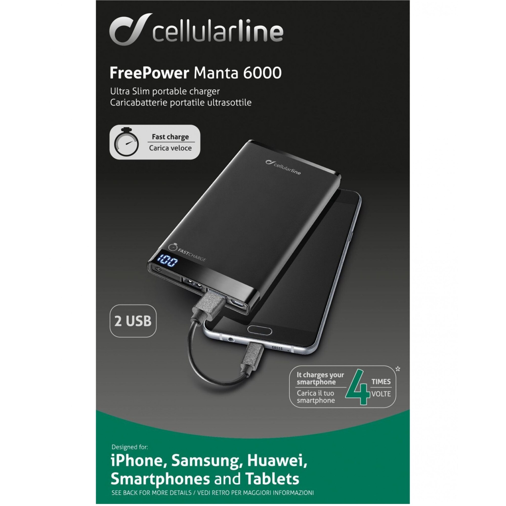 Cellularline FreePower Manta 6000 mAh powerbank - 2 kimenet - fekete 