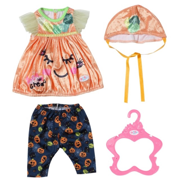 Set de haine pentru papusi compatibil Baby Born, rochita catifelata cu imprimeu Halloween, pantalonasi, caciulita si umeras, portocaliu/albastru inchis, pentru 43 cm