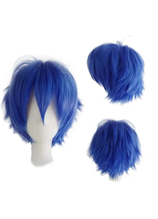 Peruca cosplay din fibre sintetice, scurta, dreapta, voluminoasa, rezistenta la caldura pana la 120°C, include boneta ajustabila, albastru inchis, potrivita pentru circumferinta cap 50–66 cm