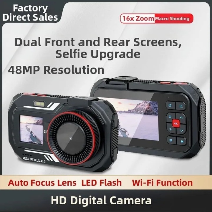 K0544-26806-2462-AMC digitális fényképezőgép, 48 MP, kettős kijelző 3 hüvelyk + 1.54 hüvelyk, 16x makró zoom, Wi-Fi, microSD támogatás 256 GB-ig, autofókusz, LED vaku, fekete/piros