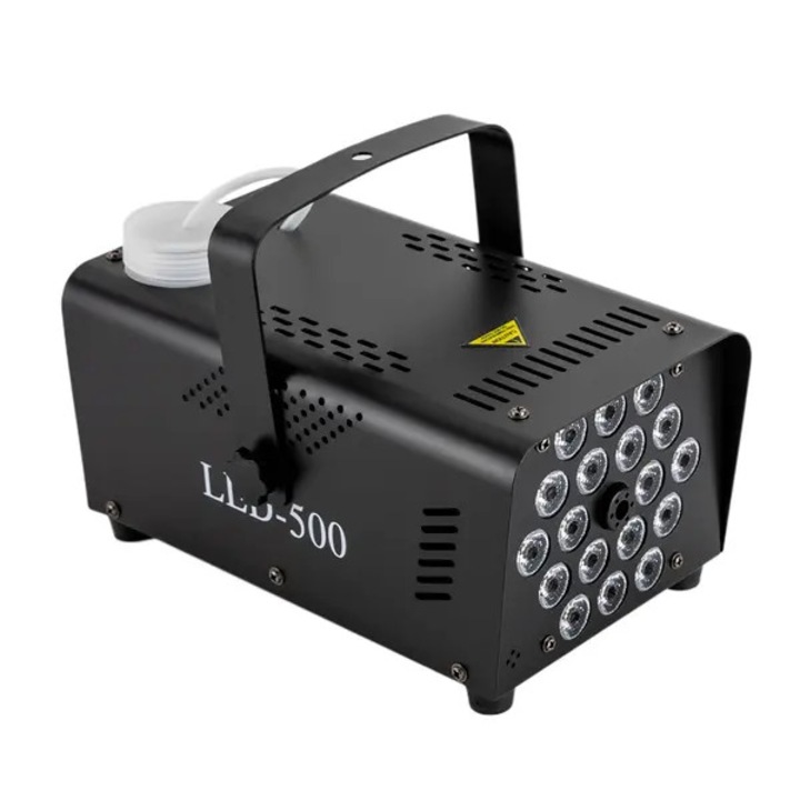 Masina de ceata LED-500, 500W, 18 LED RGB cu 13 culori si 4 moduri, rezervor 250 ml, debit 2500 CFM, telecomanda, negru, 24×17×12 cm