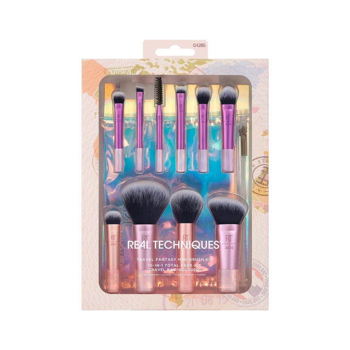 Set de pensule de machiaj Real Techniques Travel Fantasy, mini, include etui de calatorie, Multicolor, 10 piese