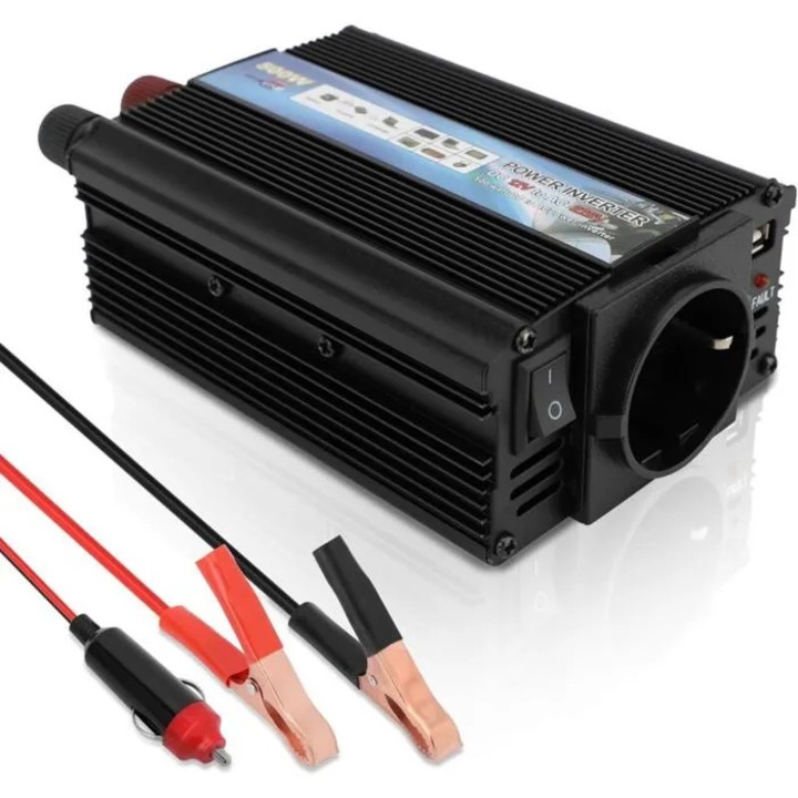 Invertor de tensiune cidiscount-xKx-260806-914 500W, 12V DC la 220V AC, priza 220V, conexiune prin bricheta si cleme, negru