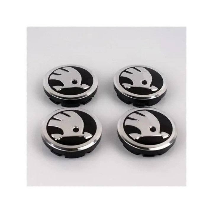 Set capace centrale jante pentru Skoda SK05, plastic, diametru exterior 60 mm (interior 57 mm), negru/argintiu, set 4 buc, cidiscount-xwx-260806-460