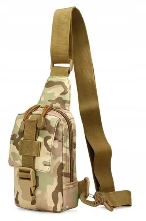 Geanta chest tactica din nylon cu curea sling reglabila si buzunar frontal, camuflaj