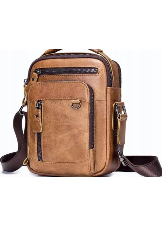 Geanta de umar pentru barbati din piele naturala, crossbody cu buzunare multiple si curea reglabila, maro cognac