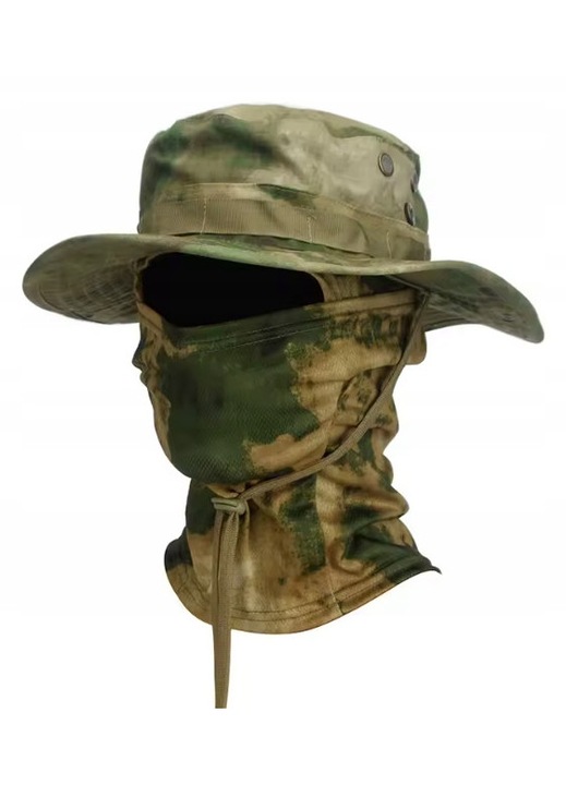 Palarie de pescuit din poliester cu protectie faciala tip bandana integrata si snur reglabil, camuflaj verde/sand