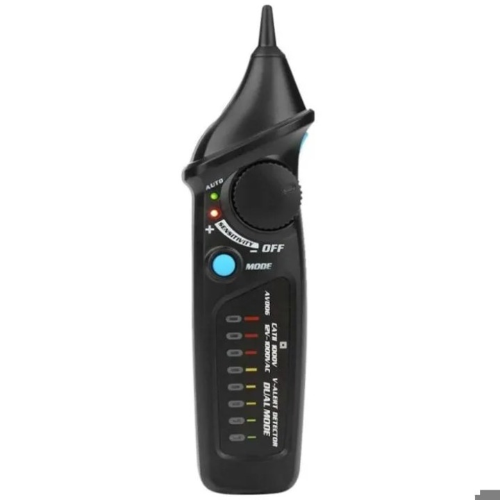 Detector de tensiune fara contact cidiscount-xwx-260806-151, sensibilitate ajustabila, mod auto/manual, LED multicolor, lanterna, AC 12–1000 V, negru