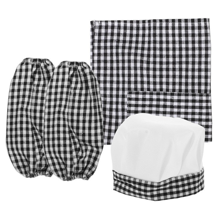 Set de bucatar pentru copii, sort, joben, mansete si servet, negru/alb in carouri, 4 piese
