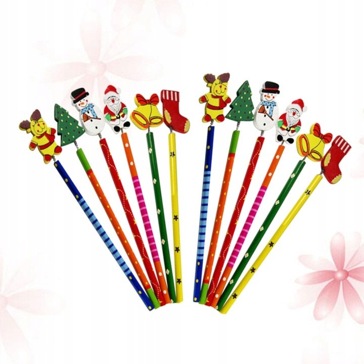 Creioane din lemn 31CJ-K0274-260806-884, de Craciun cu ornamente festive pentru copii, multicolor, 12 bucati