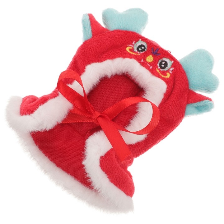 Pelerina pentru papusa din plus, cu blanita decorativa si broderie dragon, rosu, fabricata manual