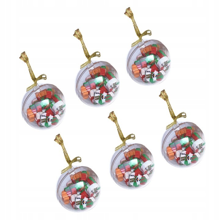 Gume de sters pentru creion, set 120 buc., tematica Craciun, multicolor, ambalate in globulete transparente cu agatatoare aurii