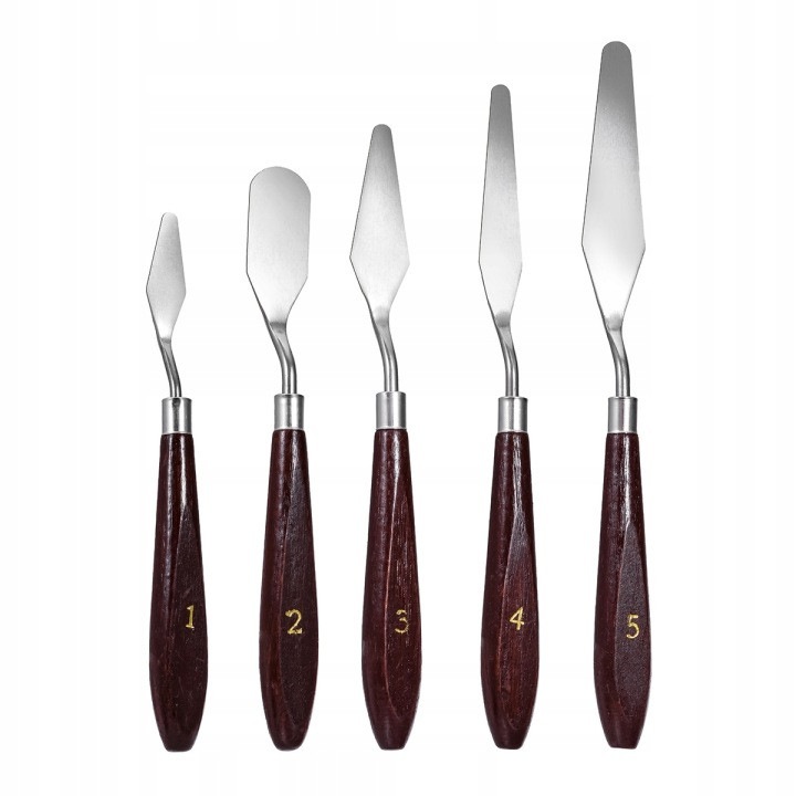 Spatule paleta pentru pictura metalice, manere din lemn, pentru vopsele ulei si acrilic, argintiu/maro, set 5 buc
