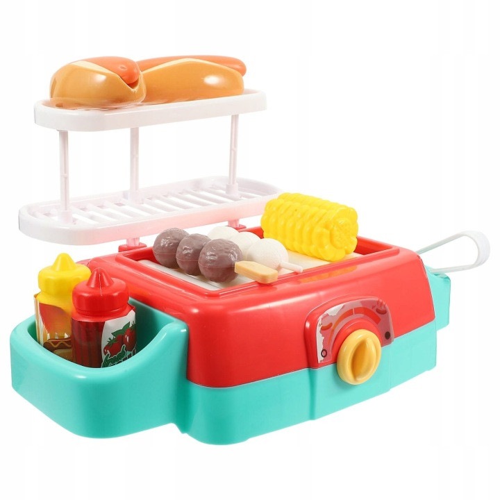 Set gratar de jucarie din ABS pentru copii, cu accesorii (porumb, frigarui, sosuri), multicolor
