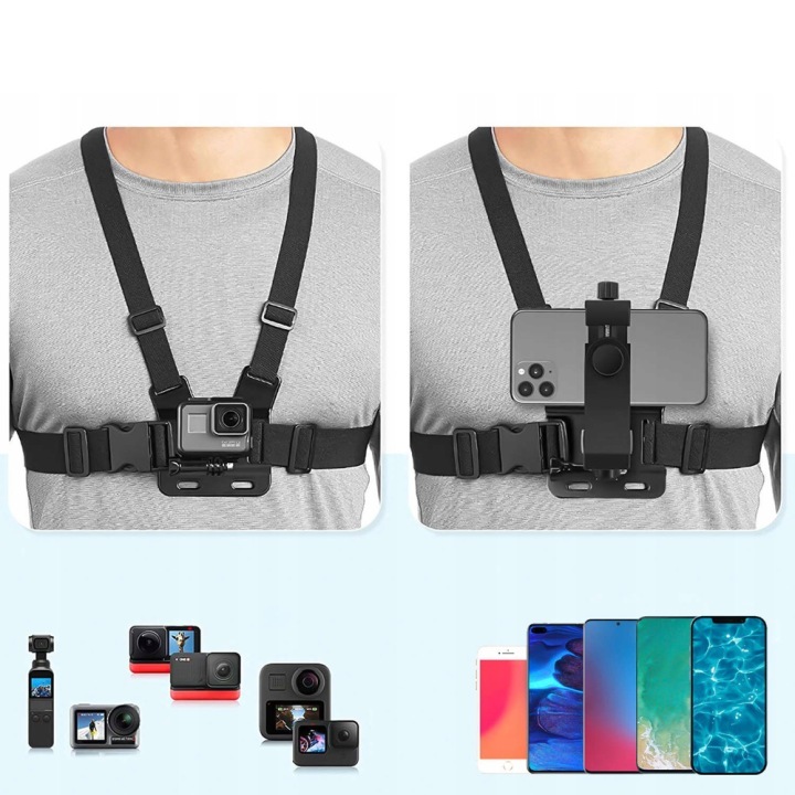 Нагръдник за камера и телефон, регулируем найлон, съвместим с GoPro/DJI и смартфон, черен, универсален размер