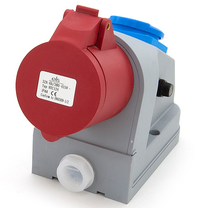 Priza industriala fixa combinata ELS Elektrotechnika CG640HIXTJ, 32A 4P + 230V (2P+Z) cu siguranta topica, IP44, Multicolor