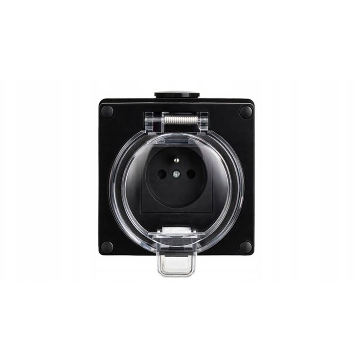 Priza electrica etansa Elektro-Plast Oyster 6185-09 (L1ZPX4AF09J) IP66, 16 A 250 V, montaj aparent, cu capac rabatabil, terminale cu surub, capac transparent, negru, 100x100x73 mm