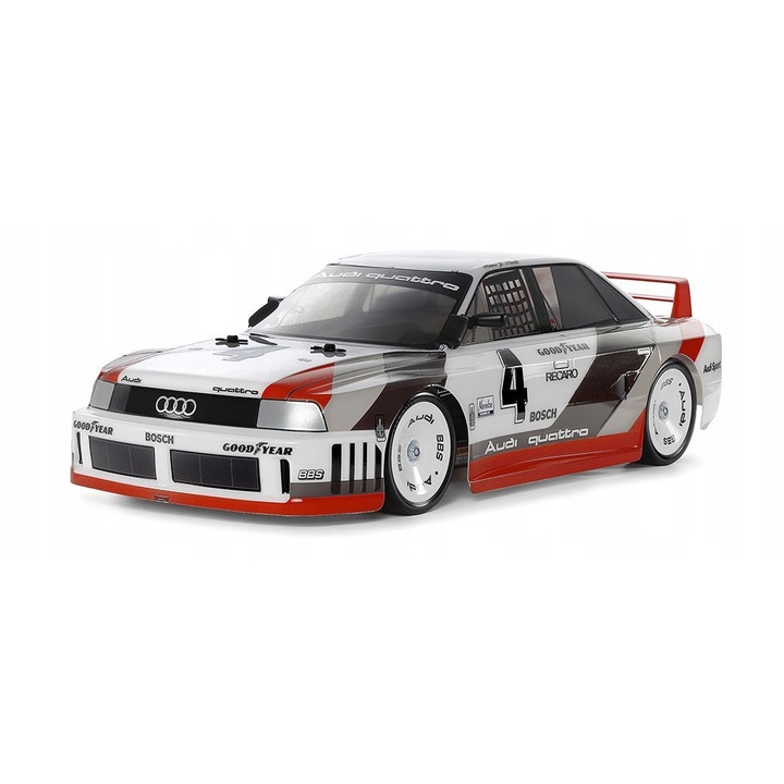 RC кола Tamiya Audi 90 quattro Racing (TT-02) 1:10, комплект за сглобяване 4WD на шаси TT-02, включени мотор 540 и ESC, незавършена поликарбонатна каросерия, многоцветна, 446 мм, USUP92FGM